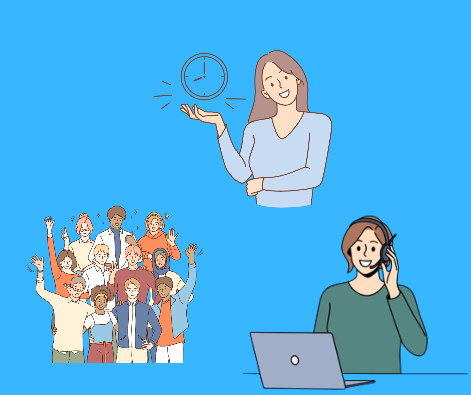 Hình ảnh mô tả một nhóm người vui vẻ đứng chào đón, với hai nhân viên đang giao tiếp qua điện thoại và một chiếc đồng hồ, biểu thị sự hỗ trợ tận tình và sự chú ý đến thời gian.